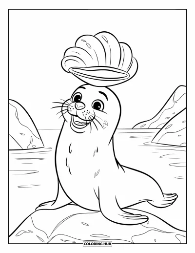 Under The Sea Coloring Page for Kids: A cheerful seal balances a shell on its nose by a calm sea