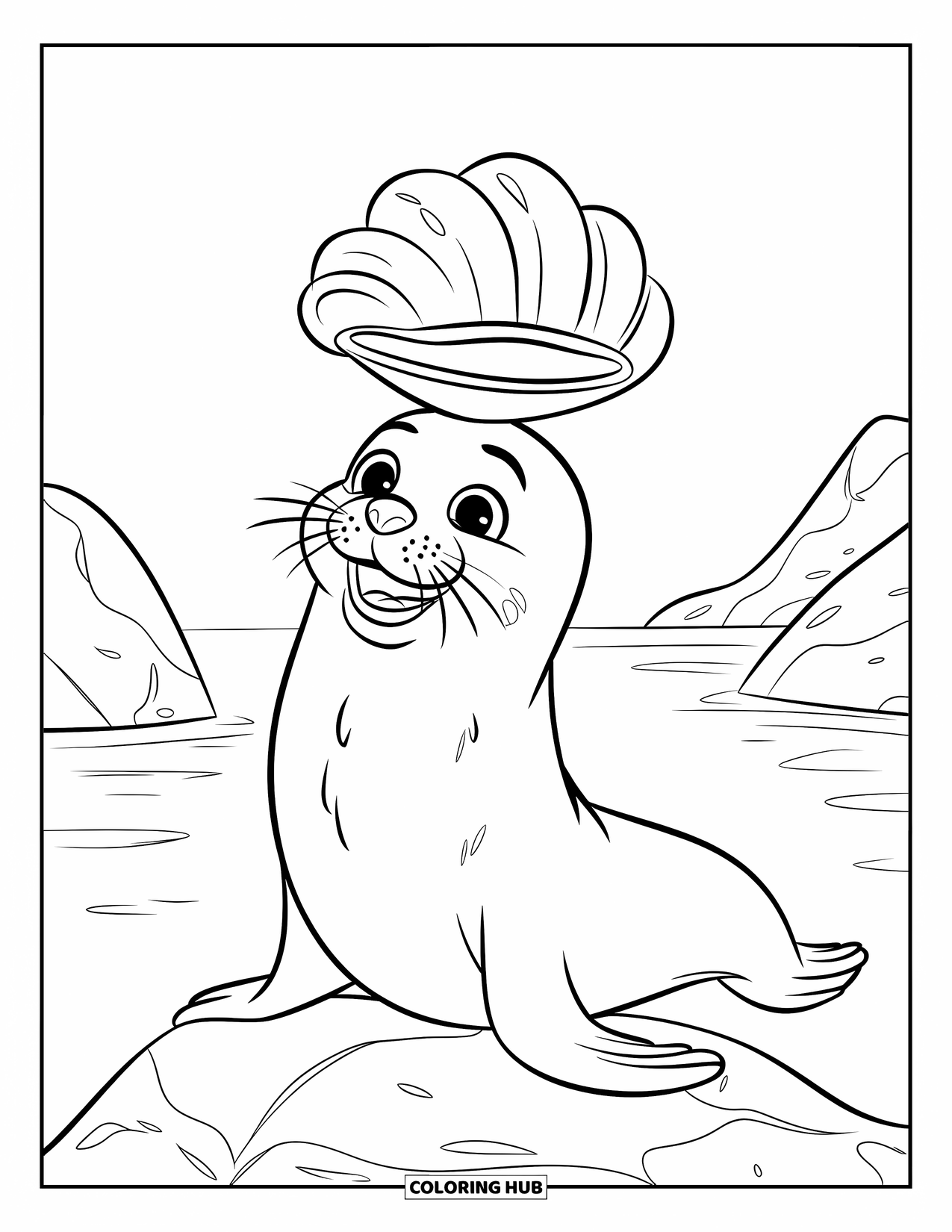 Under The Sea Coloring Page for Kids: A cheerful seal balances a shell on its nose by a calm sea