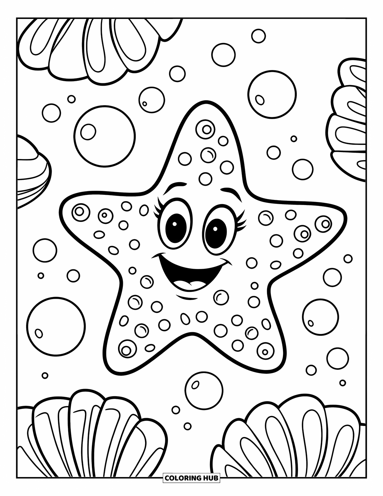 Under The Sea Coloring Page for Kids: A cheerful starfish with big eyes sits among bubbles and seashells