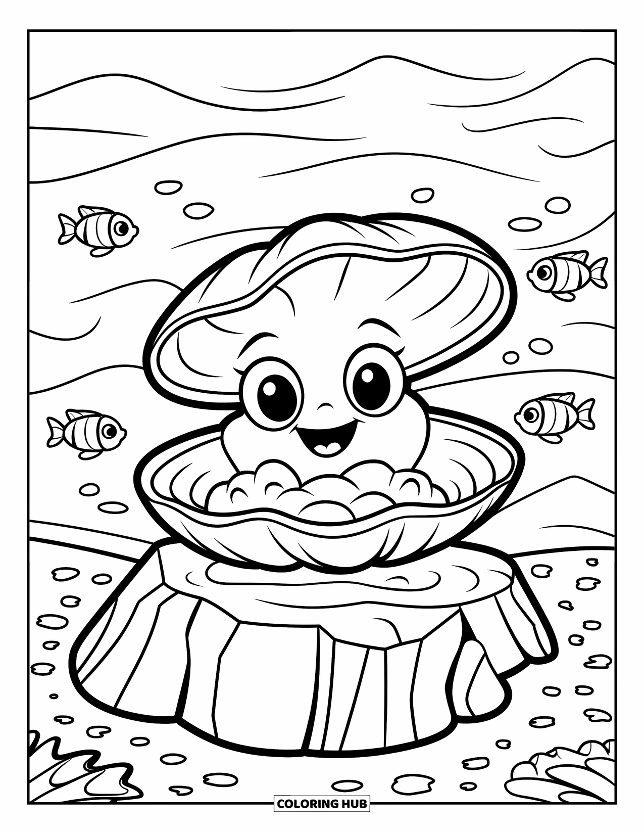 Under The Sea Coloring Page for Kids: A clam with a pearl sits on a rock surrounded by small fish