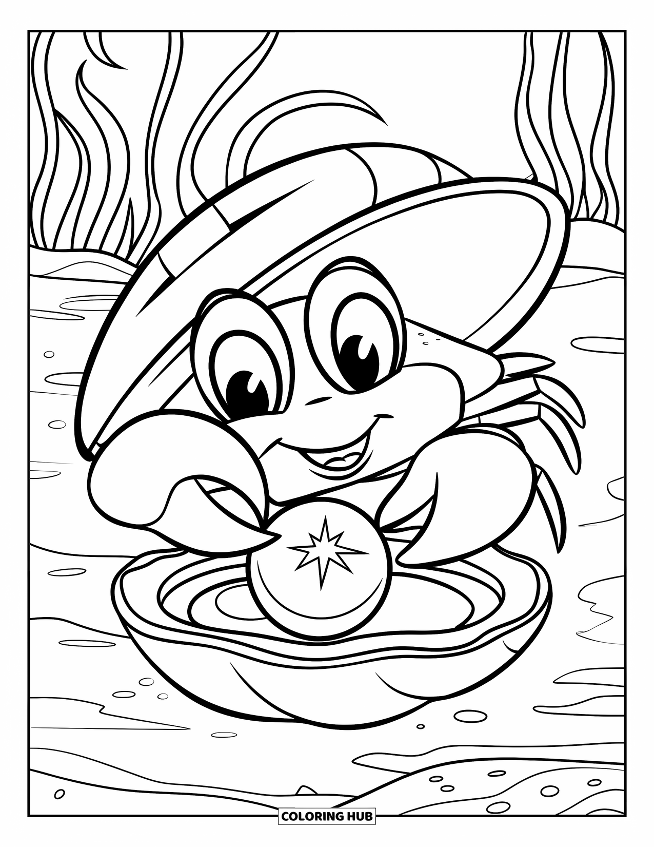Under The Sea Coloring Page for Kids: A crab finds a sparkling pearl inside an open clam