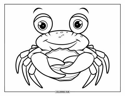 Under The Sea Coloring Page for Kids: A crab holds a shell with a cute expression on a rock