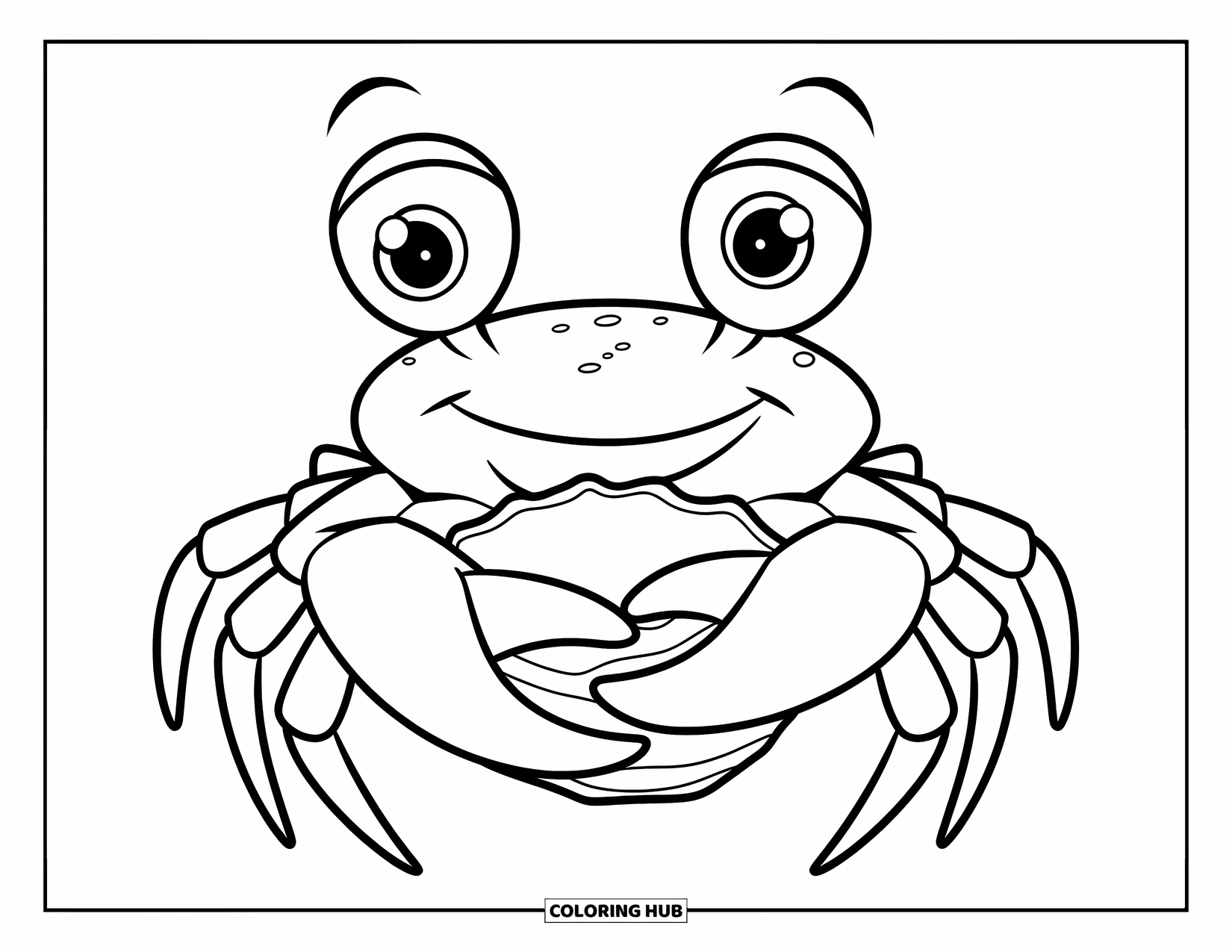 Under The Sea Coloring Page for Kids: A crab holds a shell with a cute expression on a rock