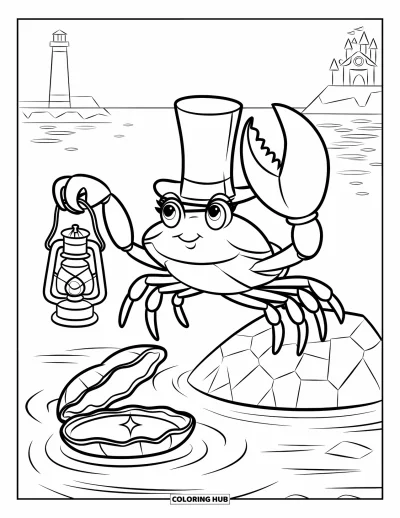 Under The Sea Coloring Page for Kids: A crab with a hat holds a lantern near a clam with a pearl