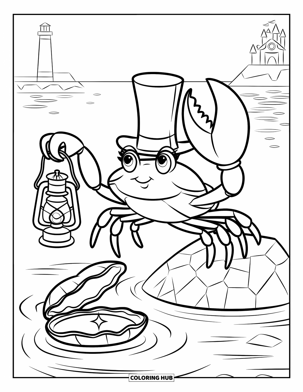 Under The Sea Coloring Page for Kids: A crab with a hat holds a lantern near a clam with a pearl