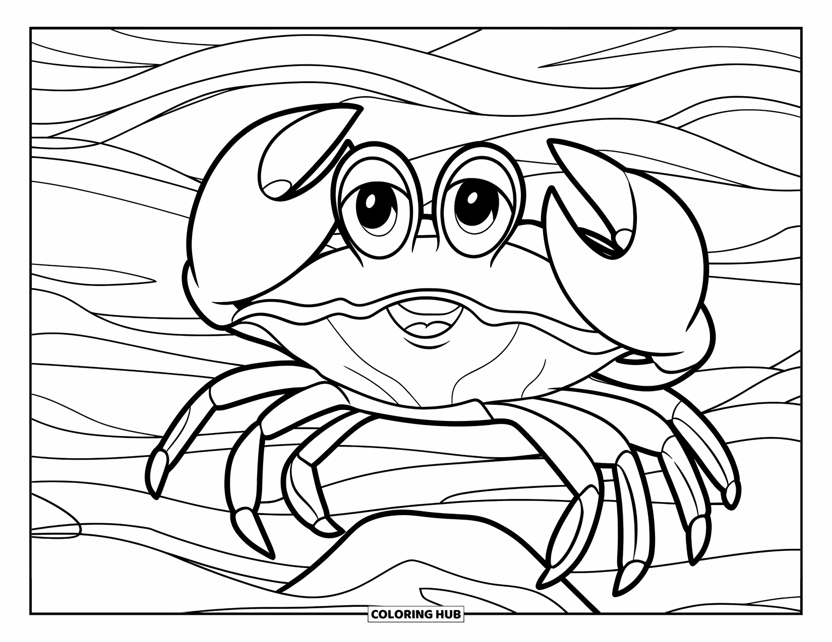 Under The Sea Coloring Page for Kids: A crab with a shell stands on a rock, surrounded by waves