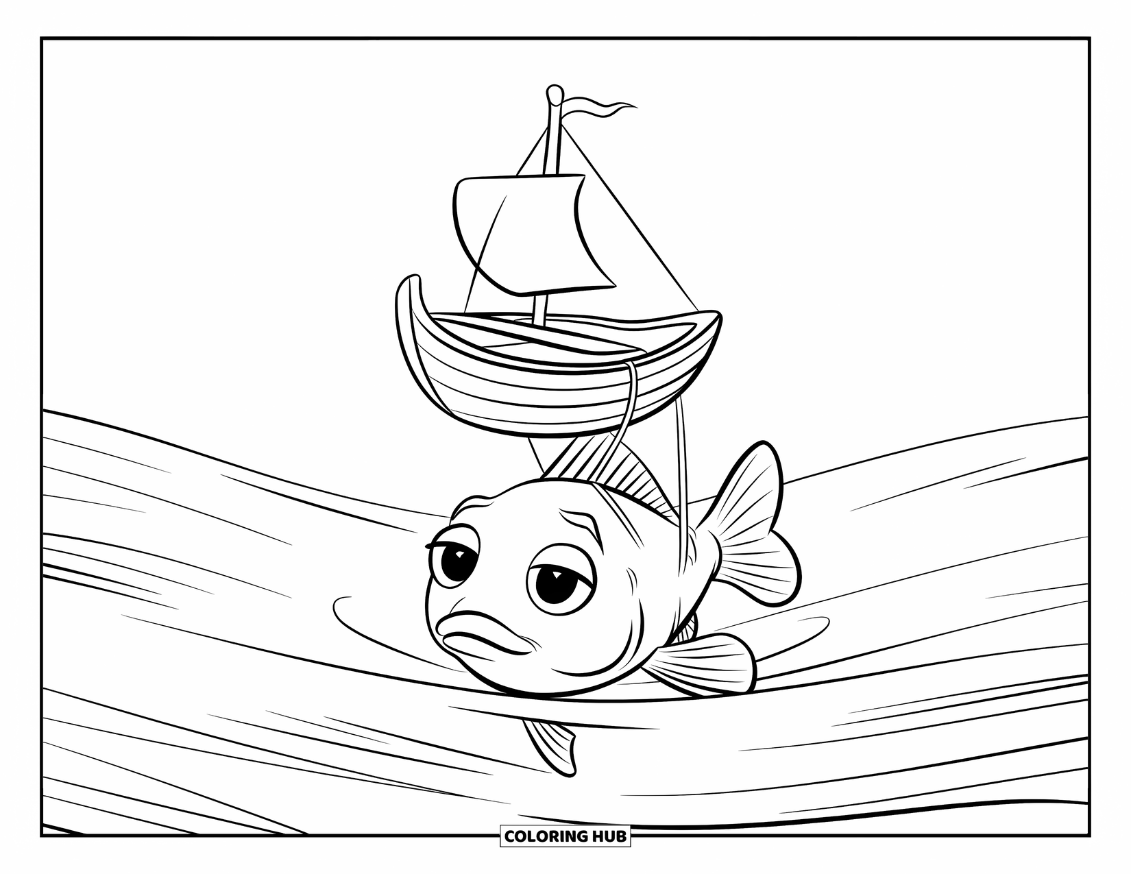 Under The Sea Coloring Page for Kids: A curious fish looks up at a sailboat floating above