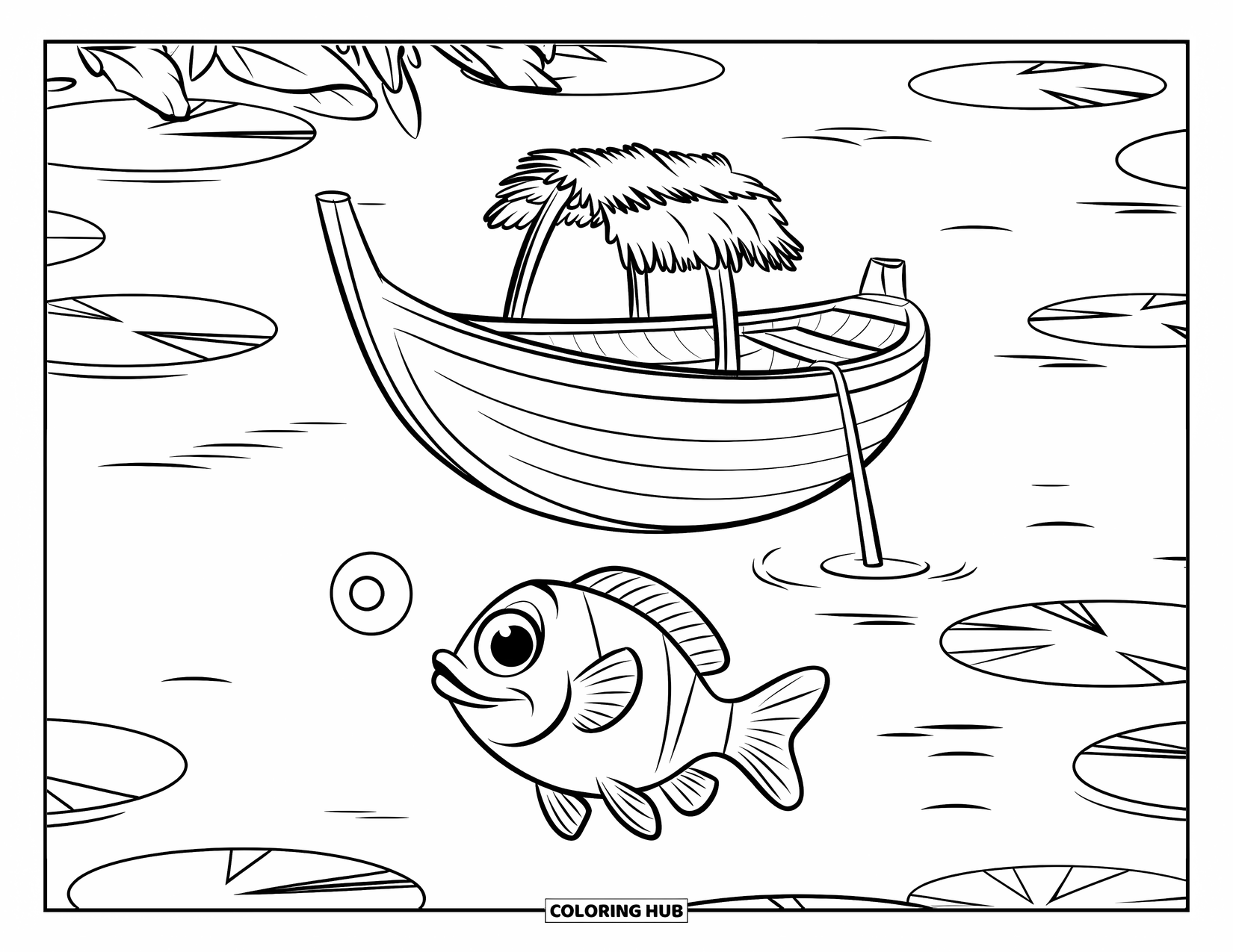 Under The Sea Coloring Page for Kids: A curious fish swims beneath a small boat on a calm lake