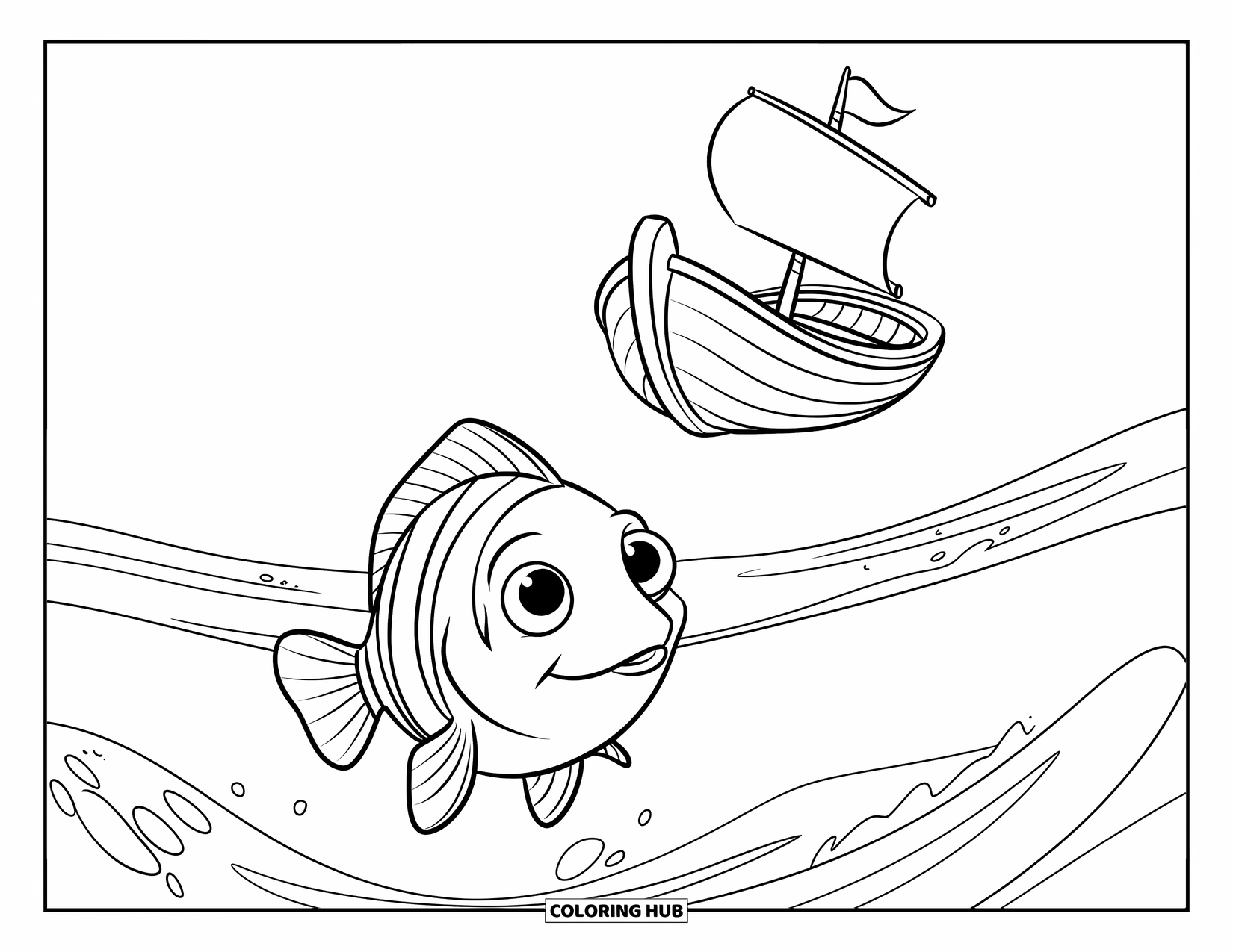 Under The Sea Coloring Page for Kids: A curious fish swims under a boat with a wooden sail in calm water