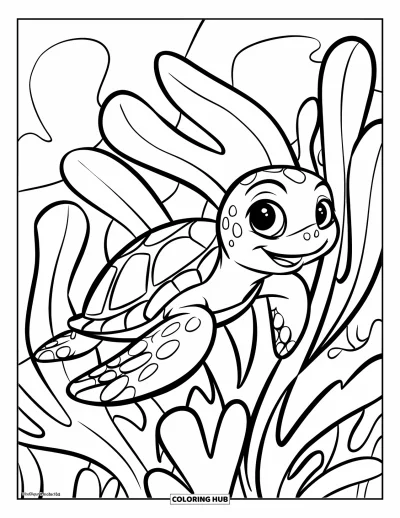 Under The Sea Coloring Page for Kids: A cute sea turtle swims happily near large seaweed