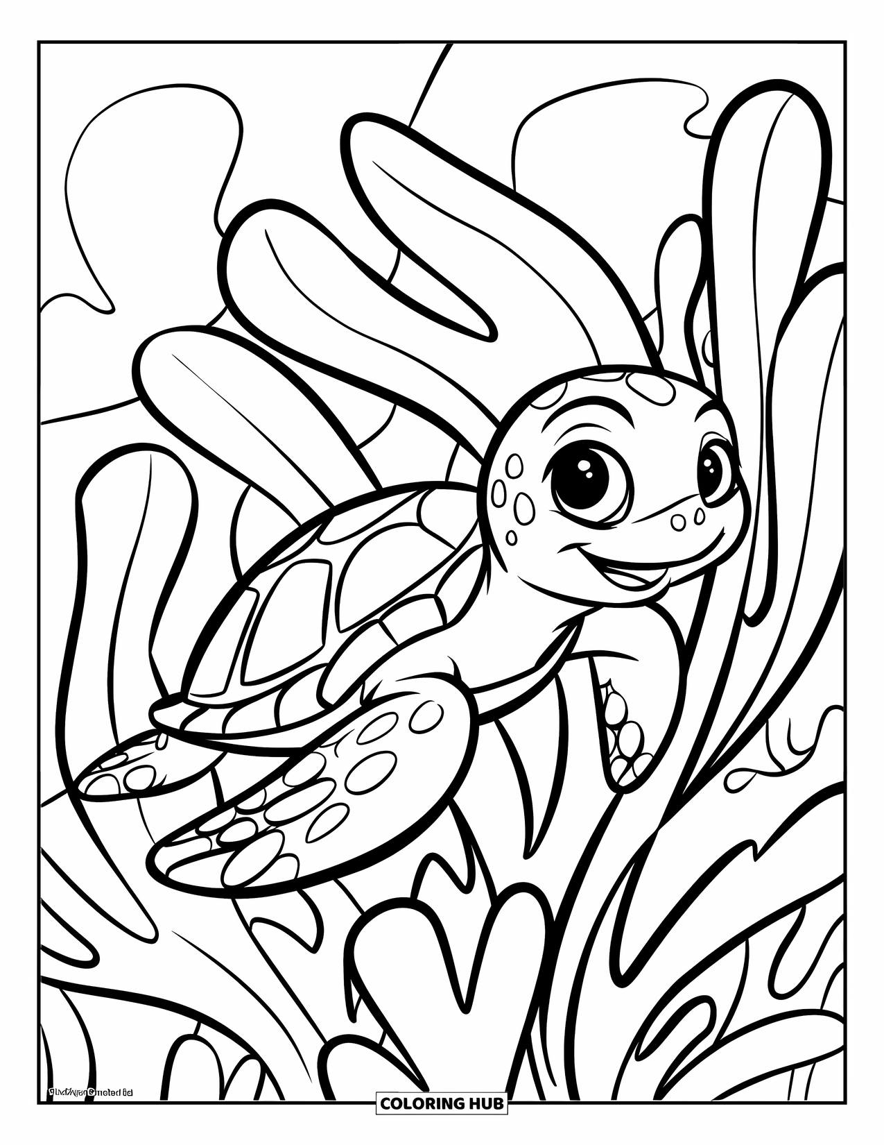 Under The Sea Coloring Page for Kids: A cute sea turtle swims happily near large seaweed
