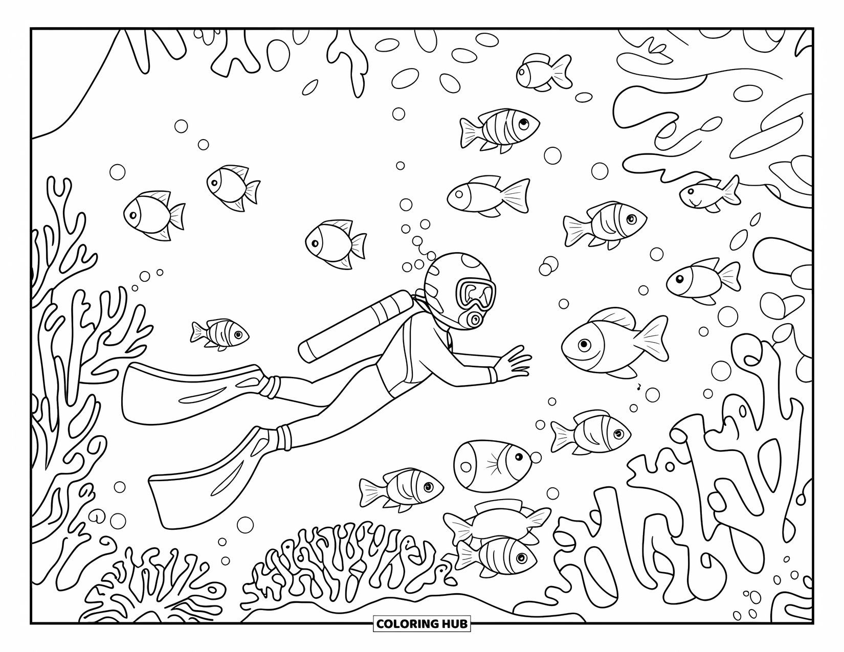 Under The Sea Coloring Page for Kids: A diver explores a coral forest surrounded by colorful fish