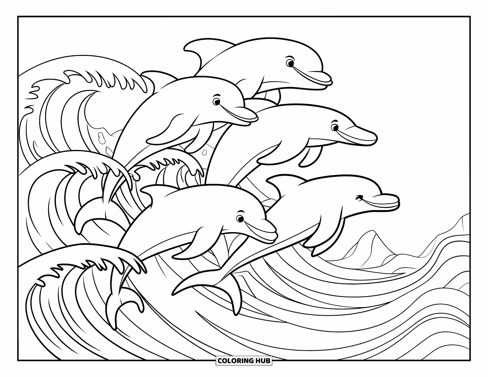 Under The Sea Coloring Page for Kids: A dolphin family jumps over waves with a few rocks nearby
