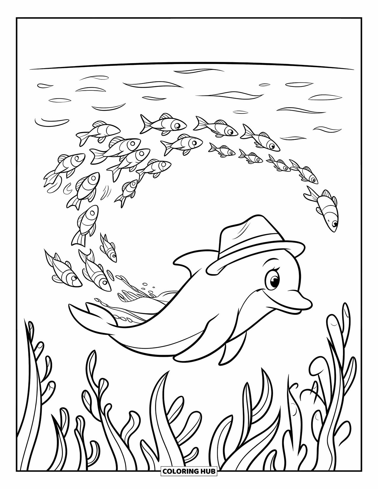 Under The Sea Coloring Page for Kids: A dolphin happily guides a school of fish through swaying seaweed