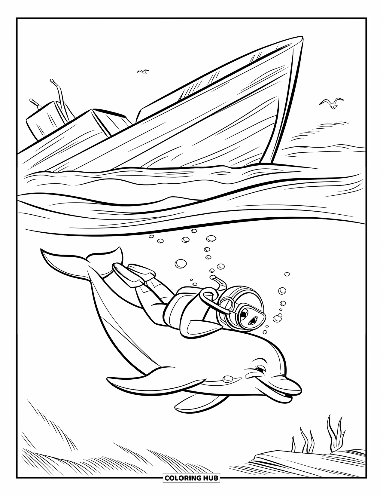 Under The Sea Coloring Page for Kids: A dolphin helps a lost diver escape a sunken ship