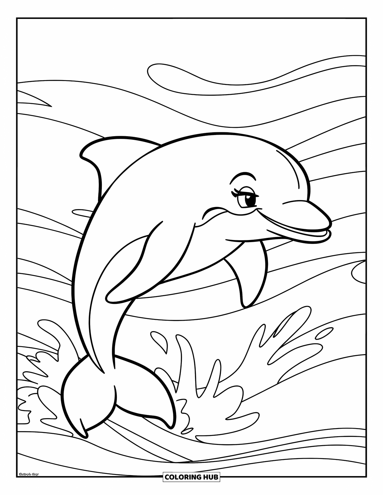 Under The Sea Coloring Page for Kids: A dolphin jumps above gentle waves in a serene ocean