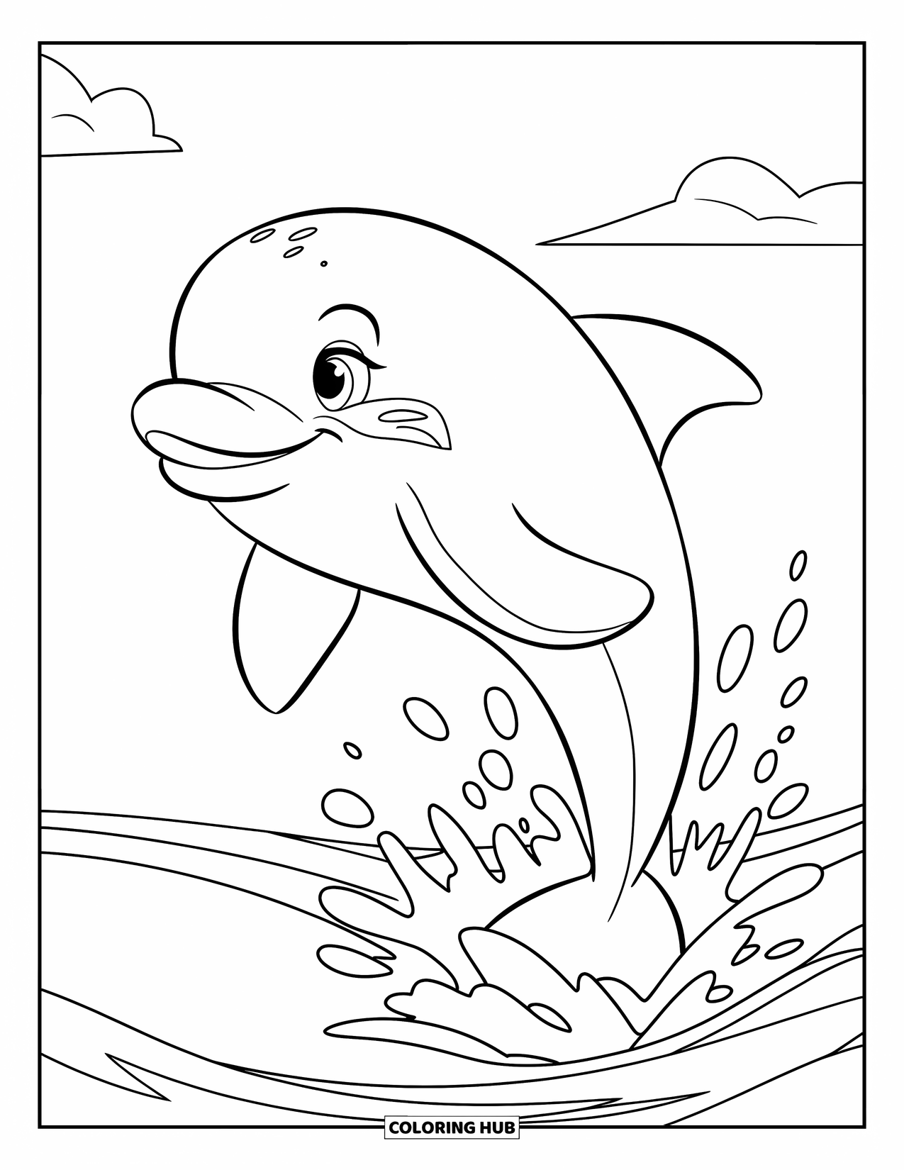 Under The Sea Coloring Page for Kids: A dolphin leaps out of gentle waves with a big smile