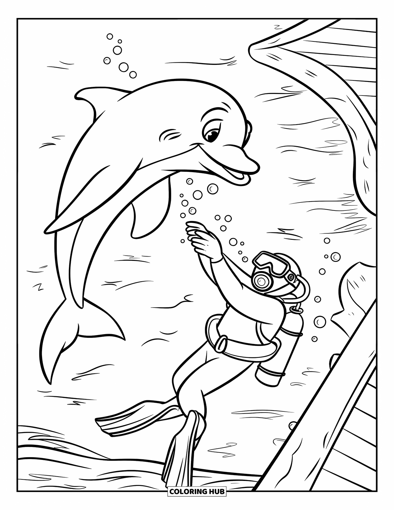 Under The Sea Coloring Page for Kids: A dolphin rescues a diver from a shipwreck on the ocean floor