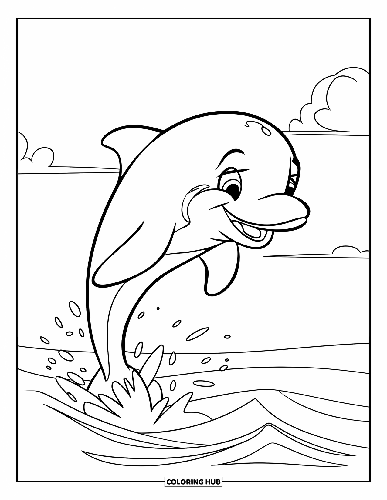 Under The Sea Coloring Page for Kids: A dolphin with a big smile leaps out of waves under a clear sky