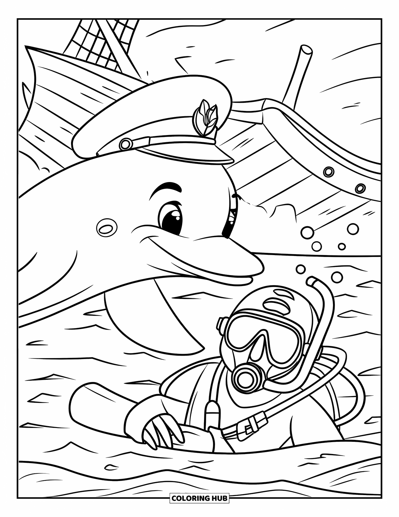Under The Sea Coloring Page for Kids: A dolphin with a captain's hat rescues a diver from a shipwreck