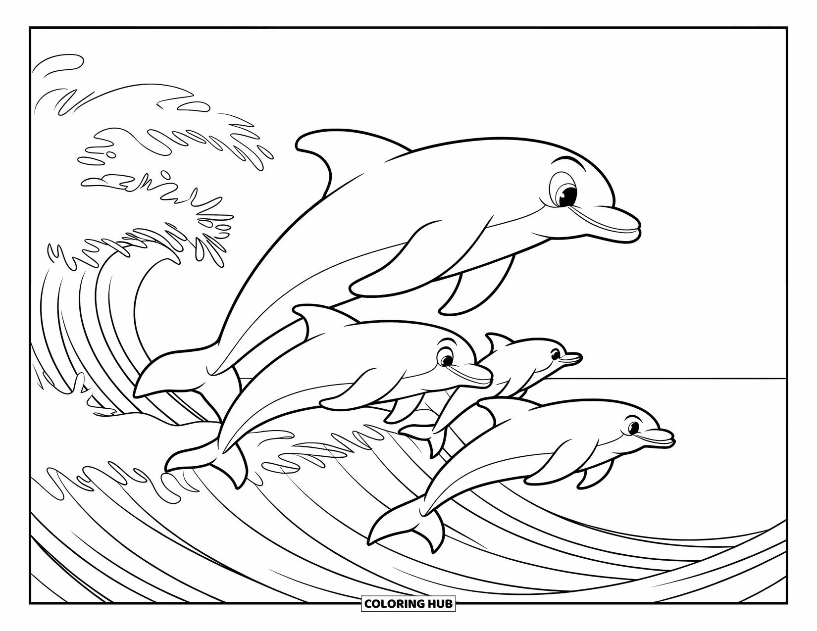 Under The Sea Coloring Page for Kids: A family of dolphins leaps above waves in a vast ocean