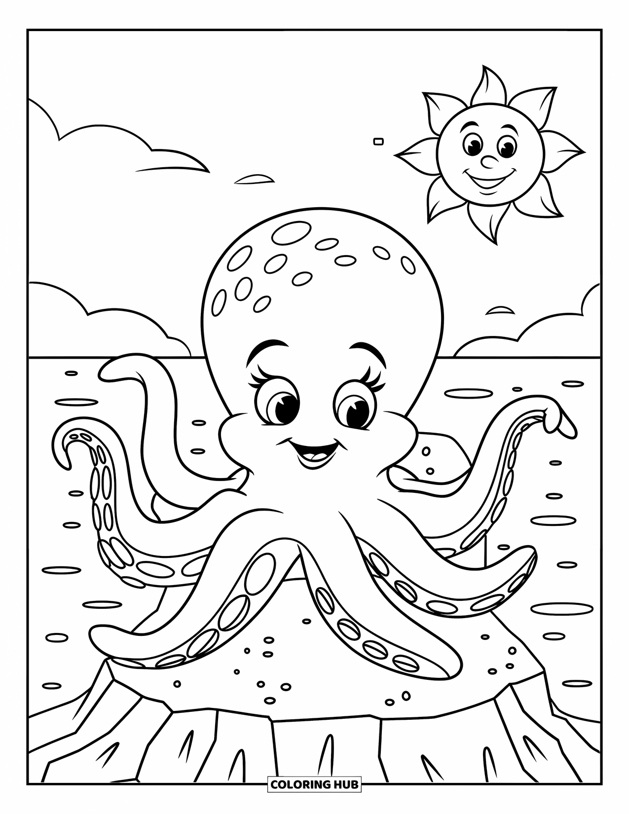 Under The Sea Coloring Page for Kids: A friendly octopus waves cheerfully while sitting on a rock