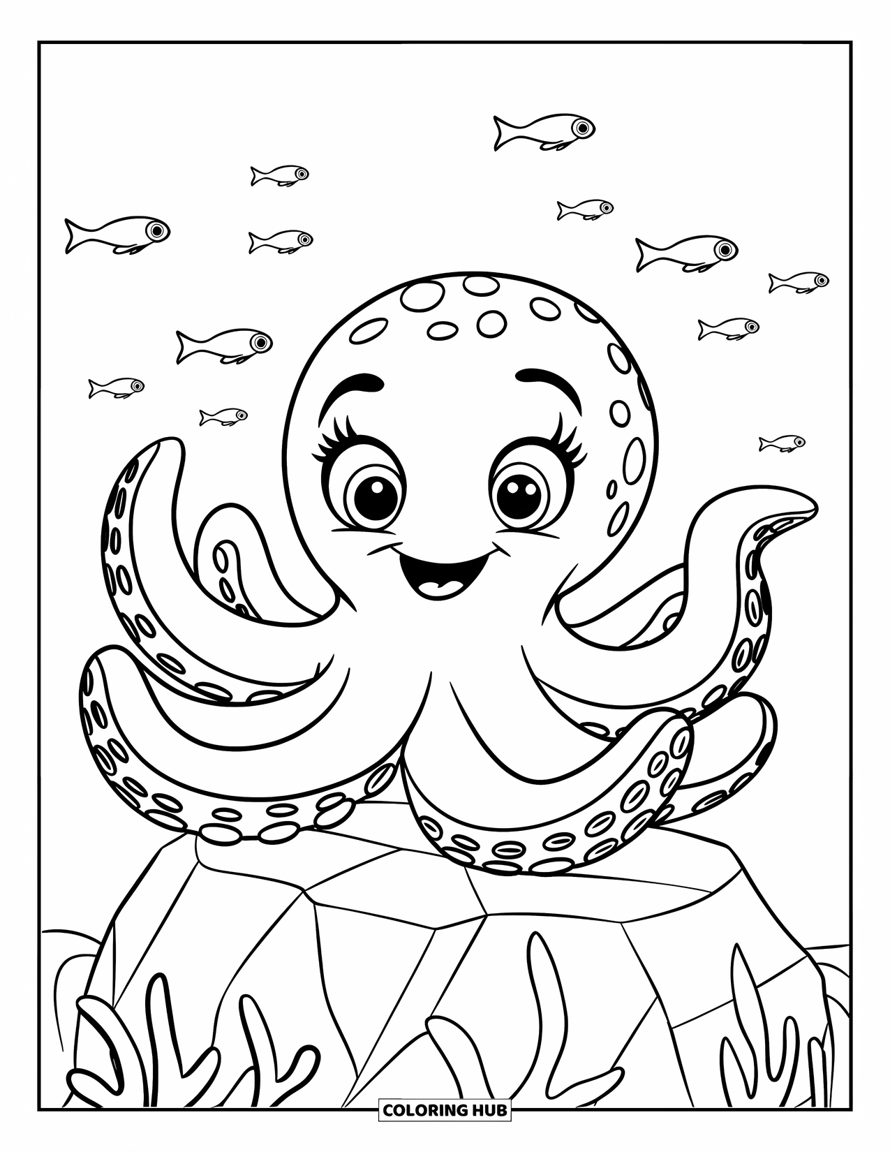 Under The Sea Coloring Page for Kids: A friendly octopus waves from a rock with fish swimming nearby