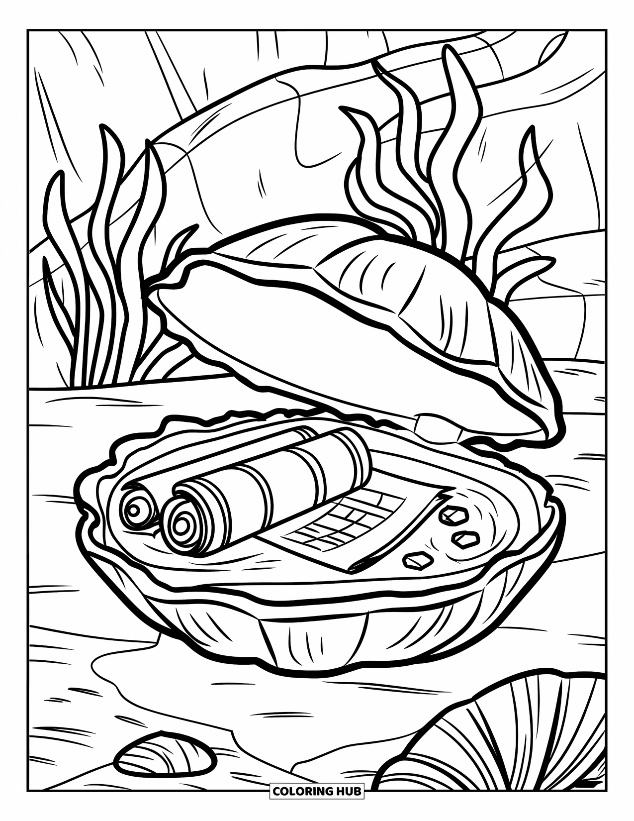 Under The Sea Coloring Page for Kids: A giant clam hides scrolls and gems on a rocky seabed with seaweed