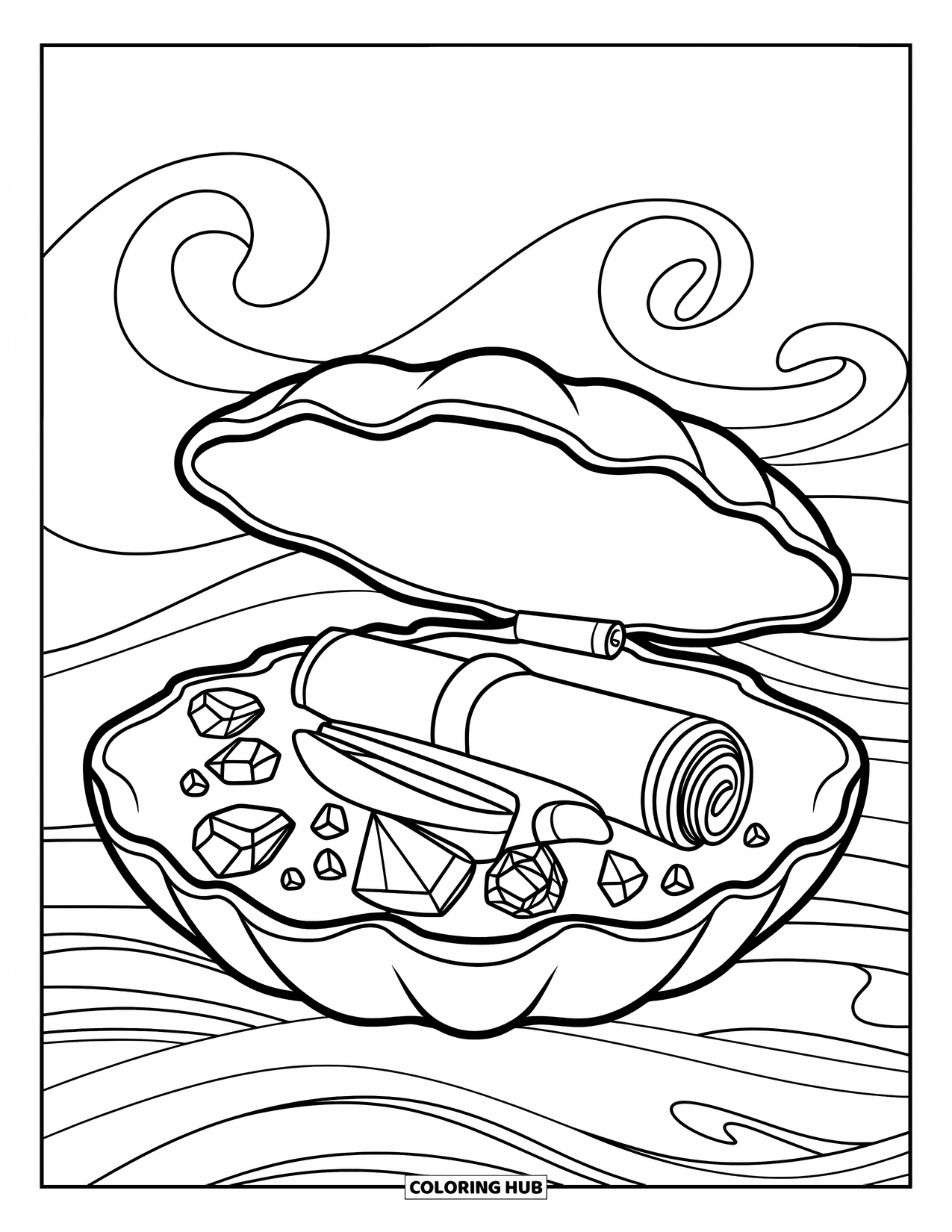 Under The Sea Coloring Page for Kids: A giant clam opens to reveal ancient scrolls and sparkling gems inside