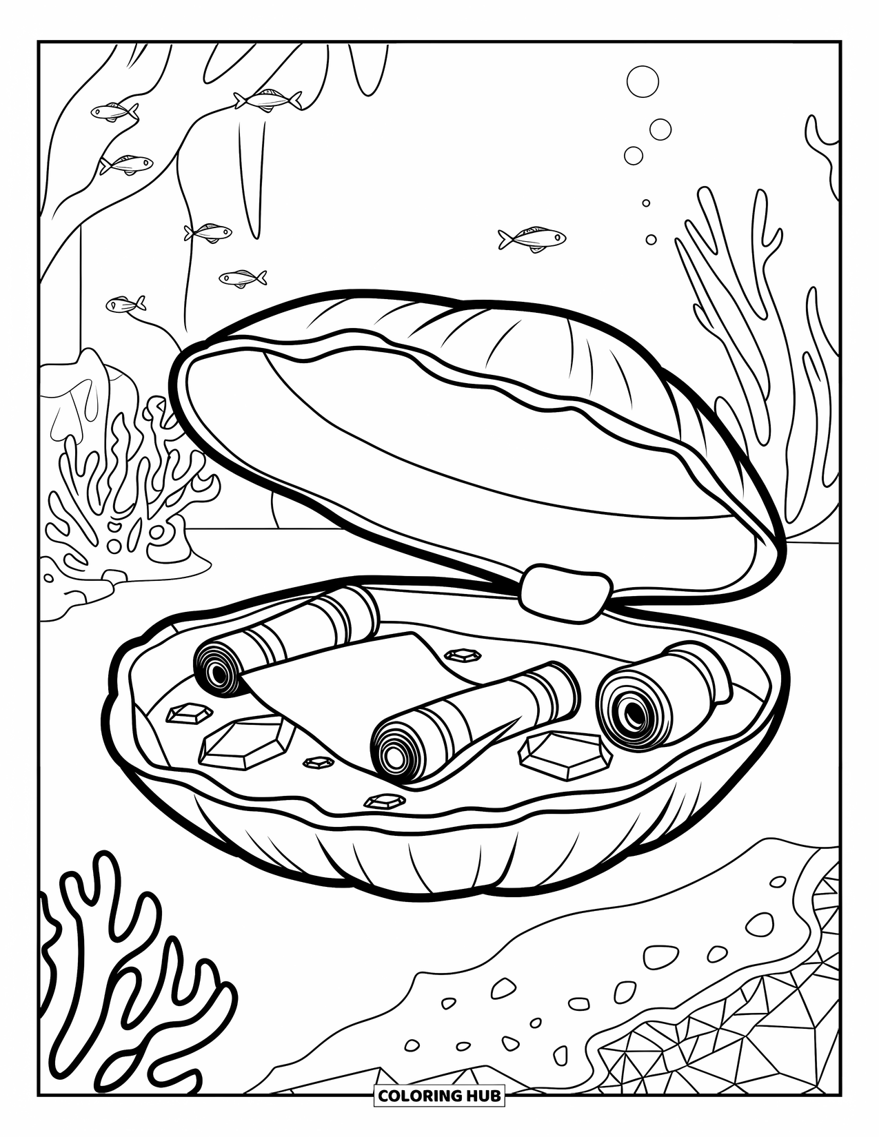 Under The Sea Coloring Page for Kids: A giant clam reveals hidden scrolls and gems amid coral and fish