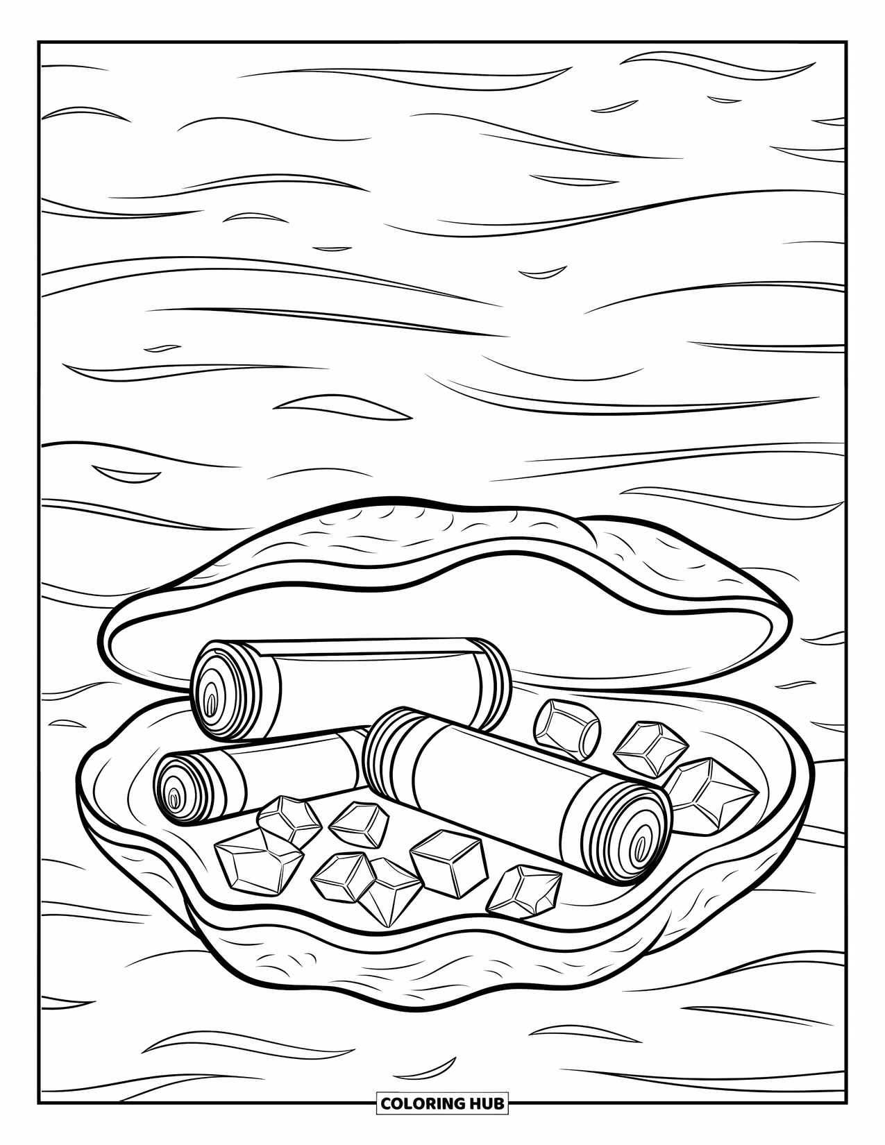 Under The Sea Coloring Page for Kids: A giant clam reveals scrolls and gems in a calm ocean setting