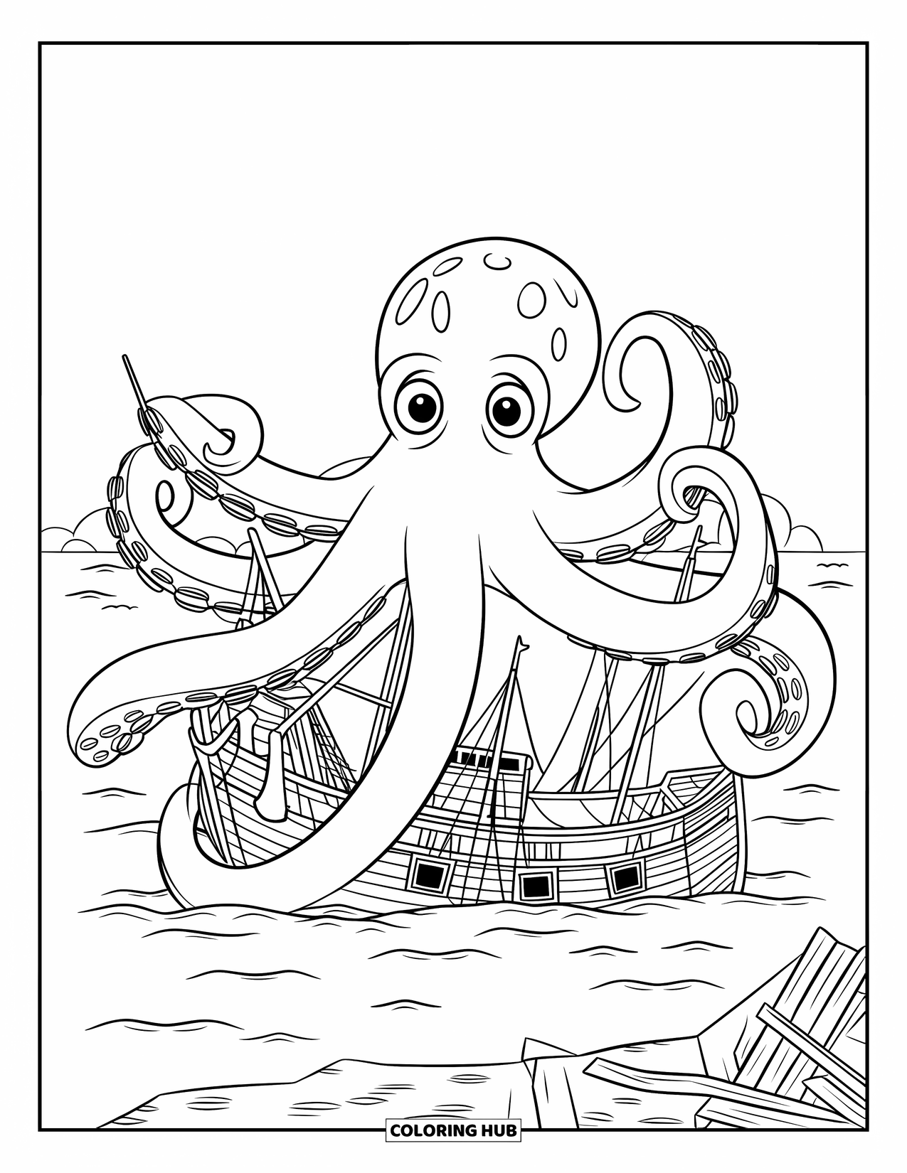 Under The Sea Coloring Page for Kids: A giant octopus entangles a sinking boat in the ocean