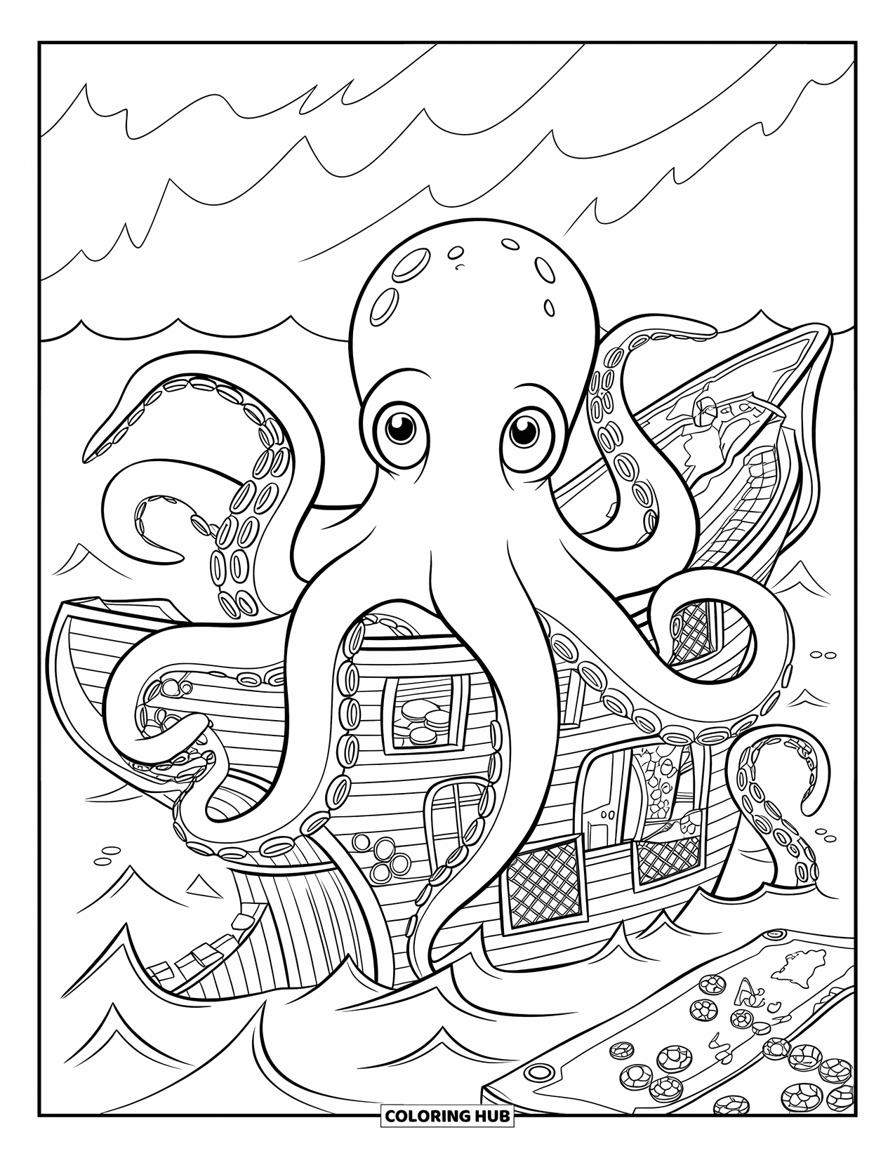 Under The Sea Coloring Page for Kids: A giant octopus holds a shipwreck, surrounded by treasures and waves