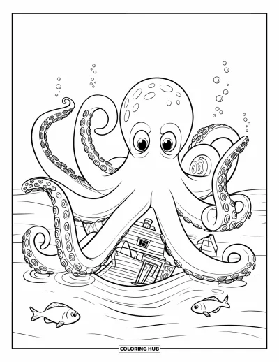 Under The Sea Coloring Page for Kids: A giant octopus wraps its tentacles around a sunken ship