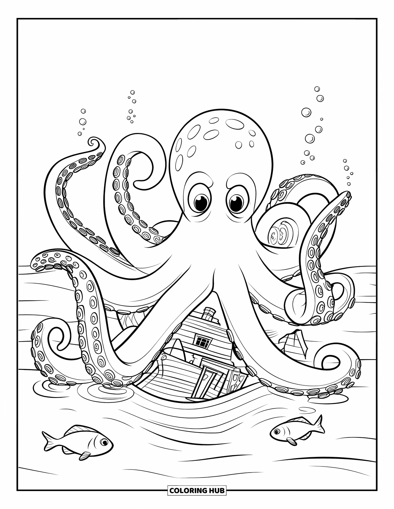 Under The Sea Coloring Page for Kids: A giant octopus wraps its tentacles around a sunken ship