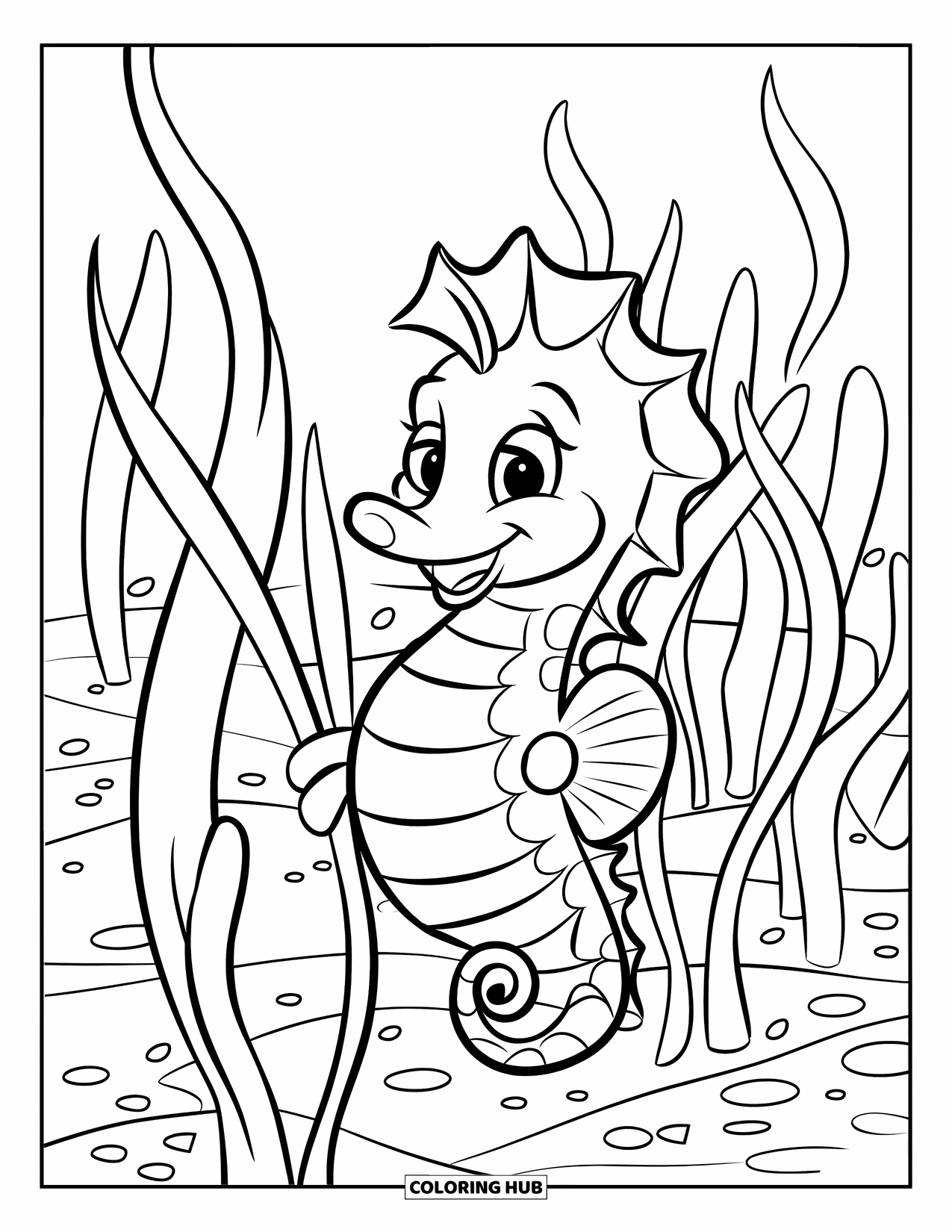 Under The Sea Coloring Page for Kids: A happy seahorse drifts among swaying sea grass underwater
