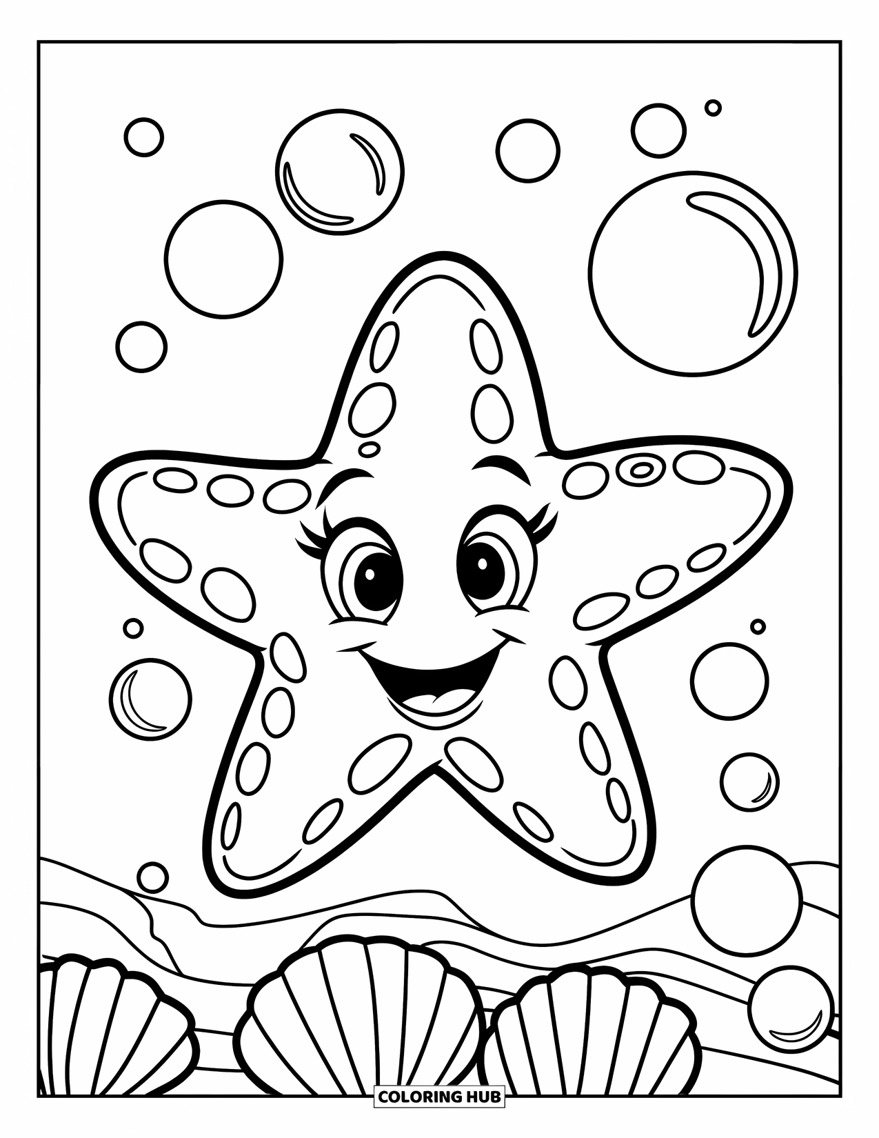 Under The Sea Coloring Page for Kids: A happy starfish smiles among bubbles and seashells