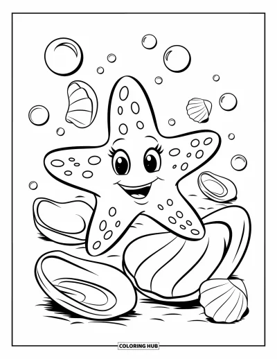 Under The Sea Coloring Page for Kids: A happy starfish smiles with bubbles and seashells nearby