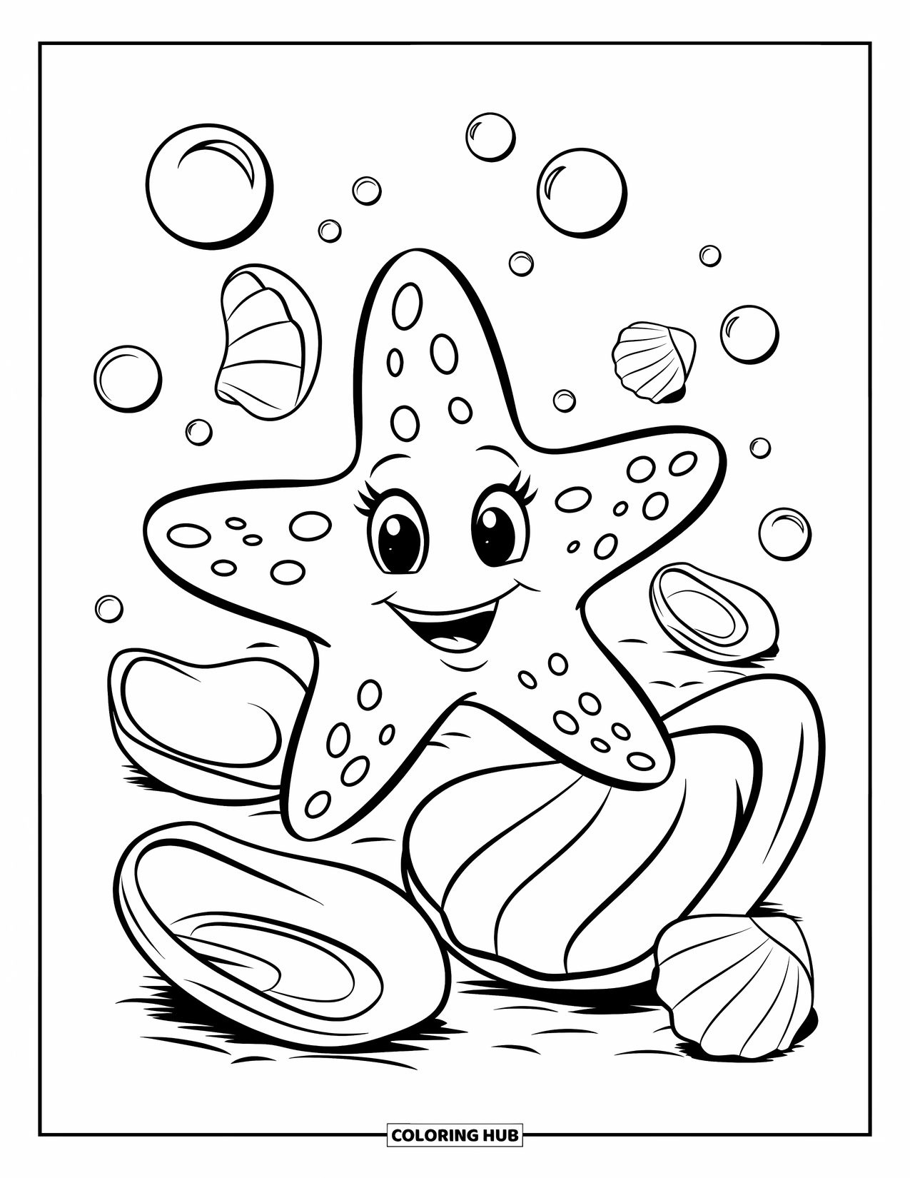 Under The Sea Coloring Page for Kids: A happy starfish smiles with bubbles and seashells nearby