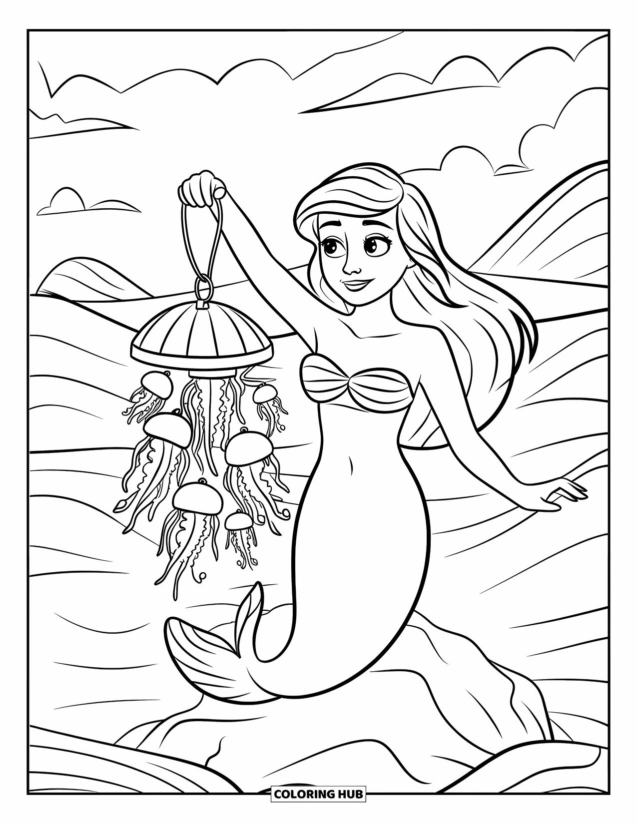 Under The Sea Coloring Page for Kids: A mermaid carries a glowing jellyfish lantern on a rock in the ocean