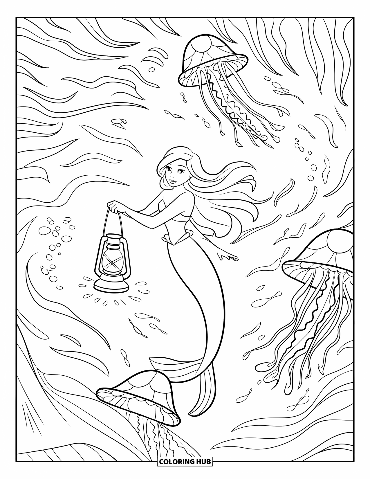 Under The Sea Coloring Page for Kids: A mermaid explores a dark trench filled with glowing jellyfish