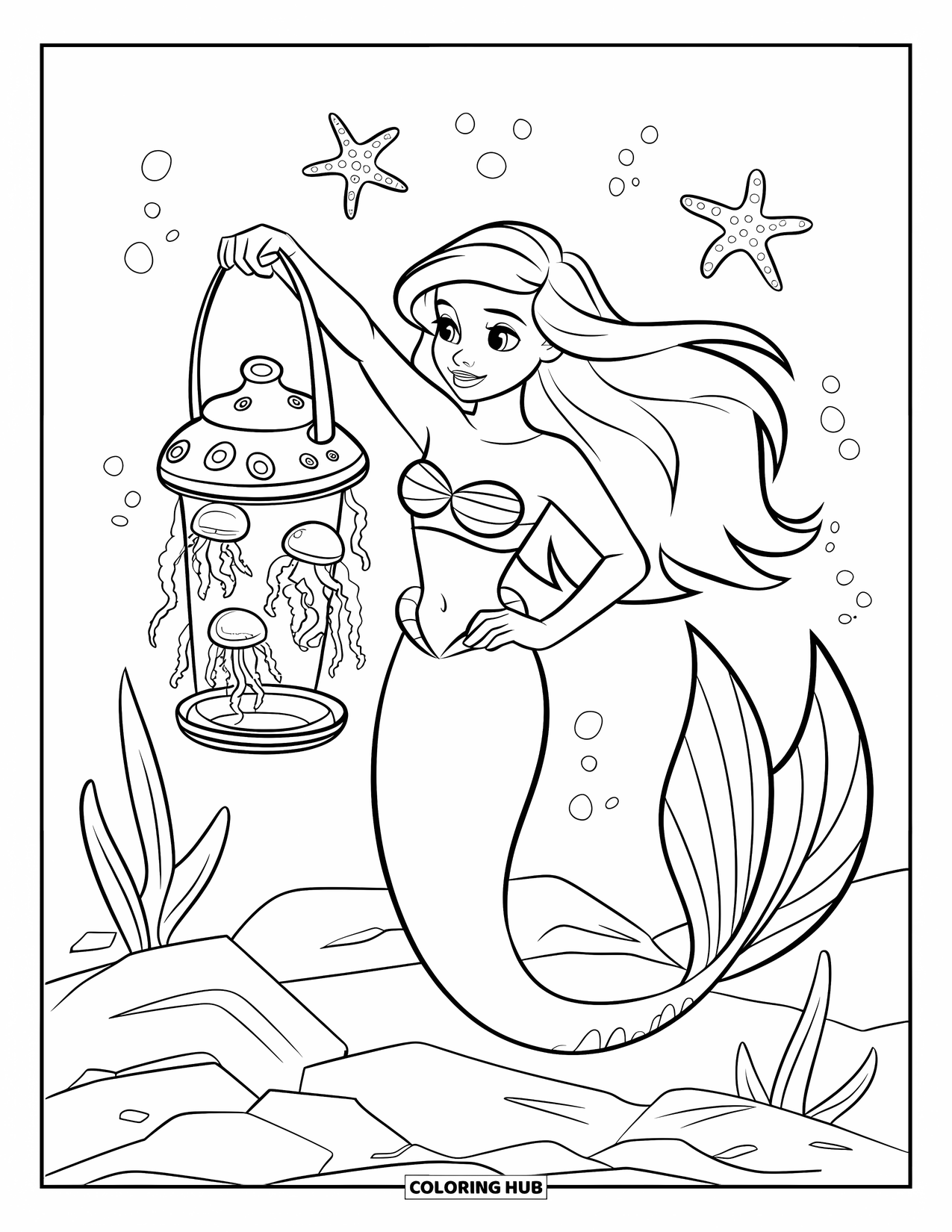 Under The Sea Coloring Page for Kids: A mermaid holds a glowing jellyfish lantern above her head by the seabed