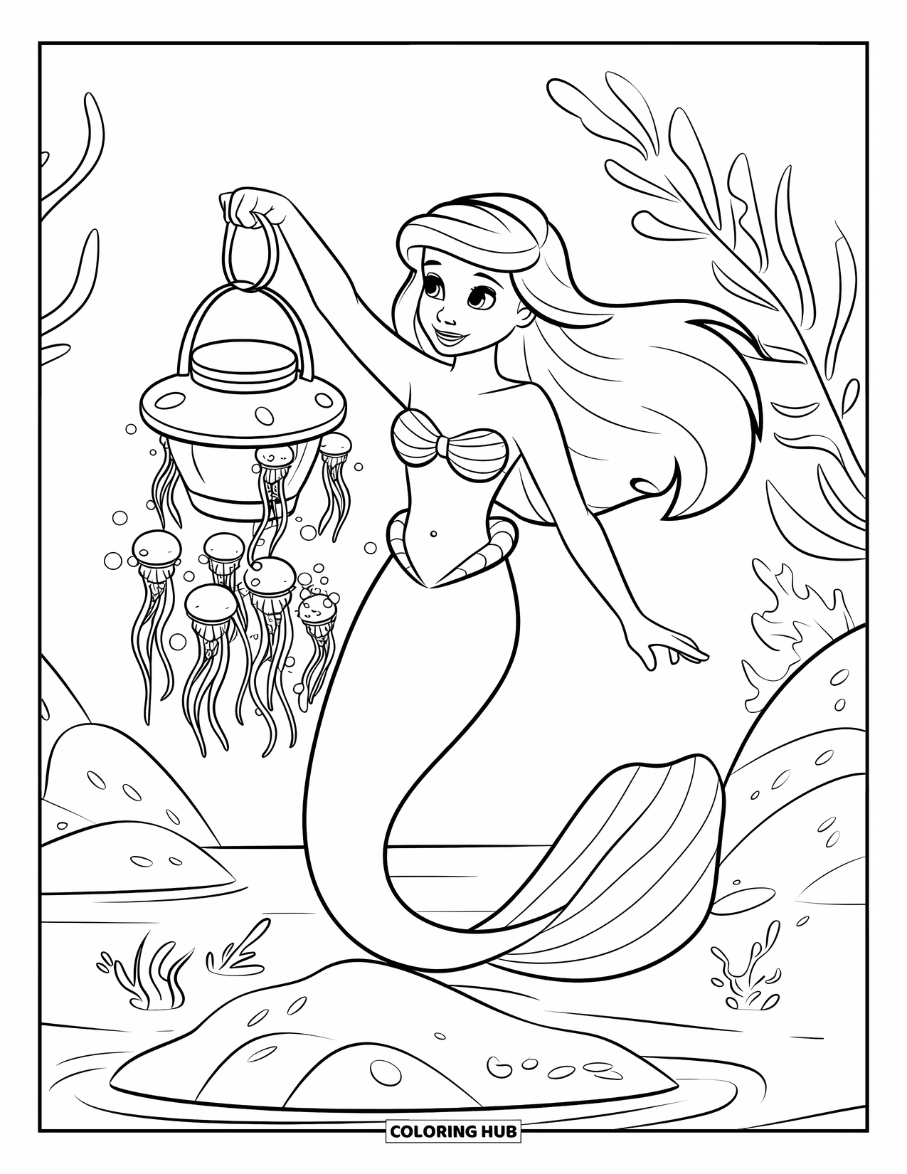 Under The Sea Coloring Page for Kids: A mermaid holds a jellyfish lantern, surrounded by seaweed and rocks