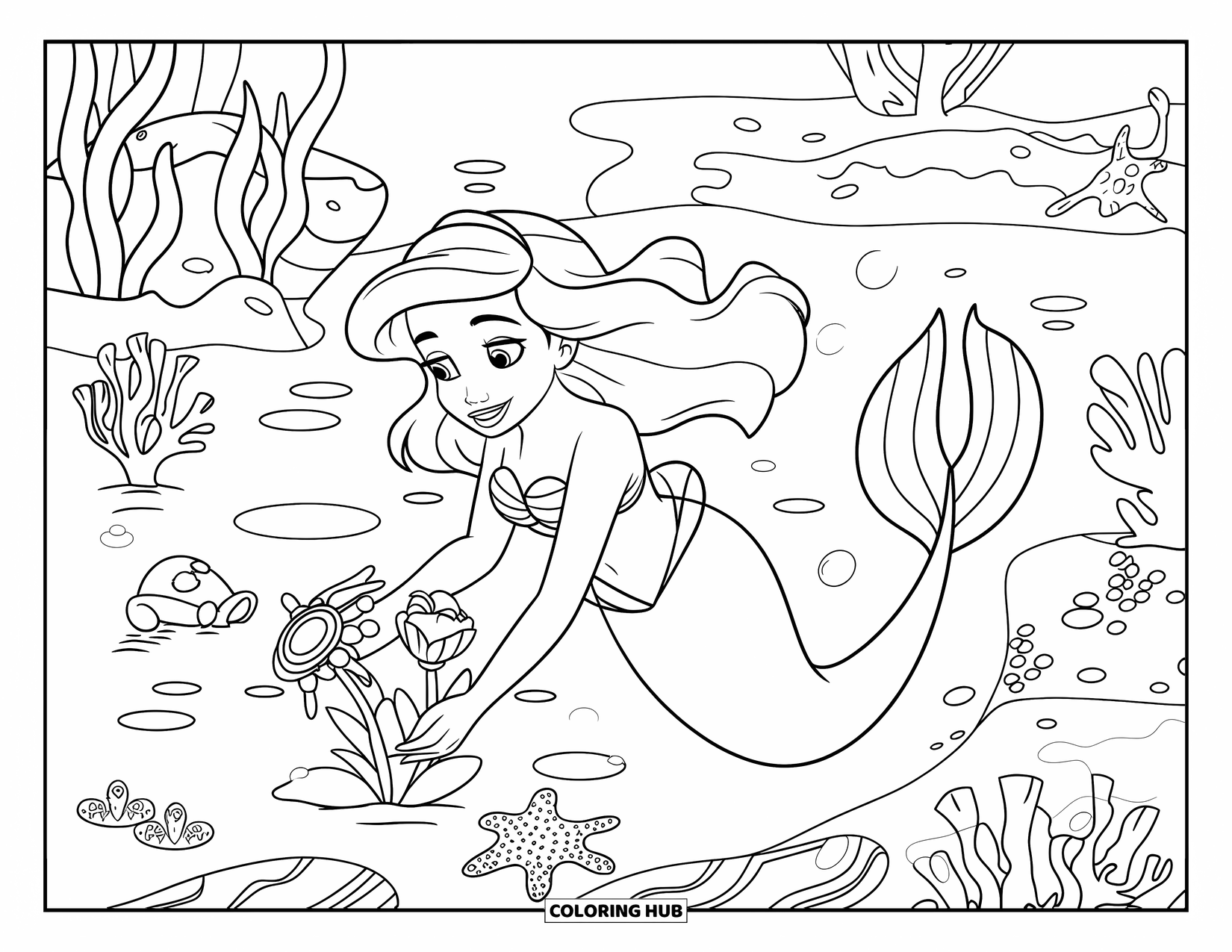 Under The Sea Coloring Page for Kids: A mermaid plants sea flowers in an underwater garden with sea creatures