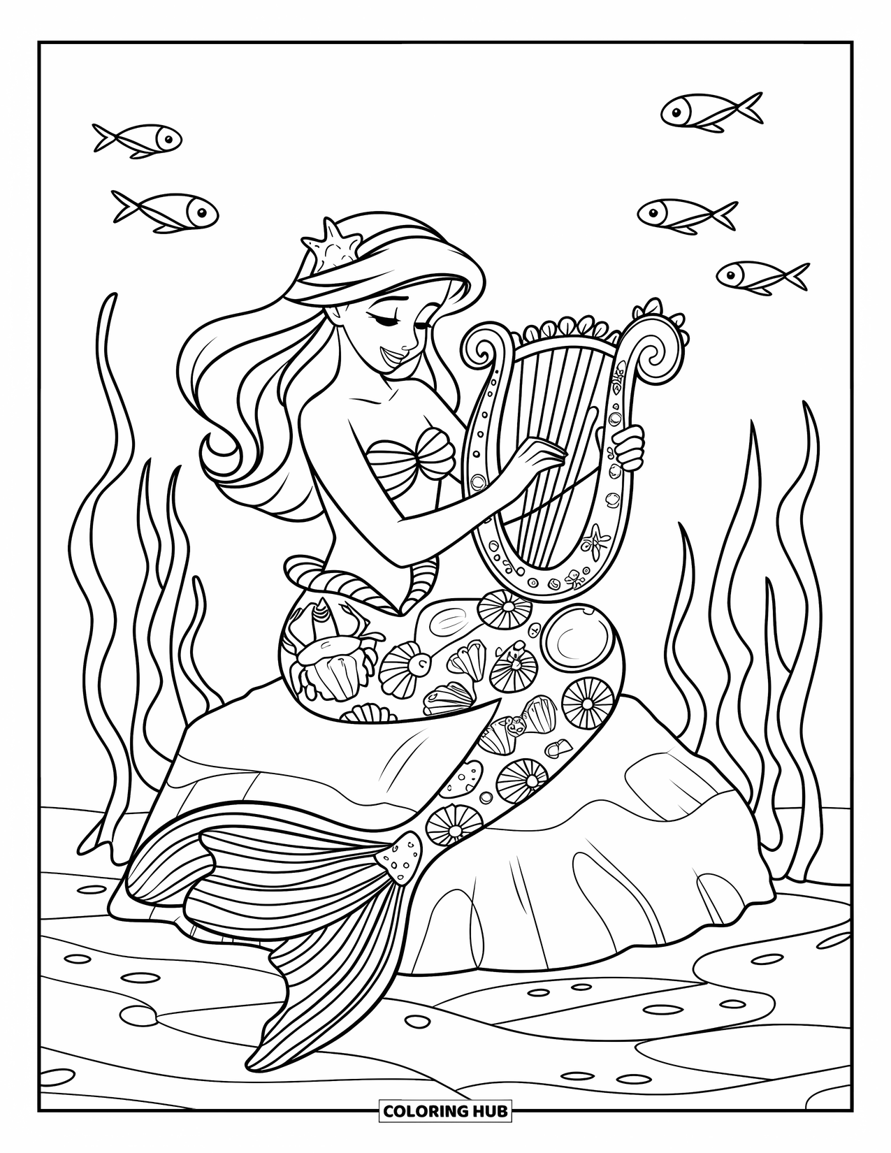 Under The Sea Coloring Page for Kids: A mermaid plays a seashell harp while sitting on a rock in the sea