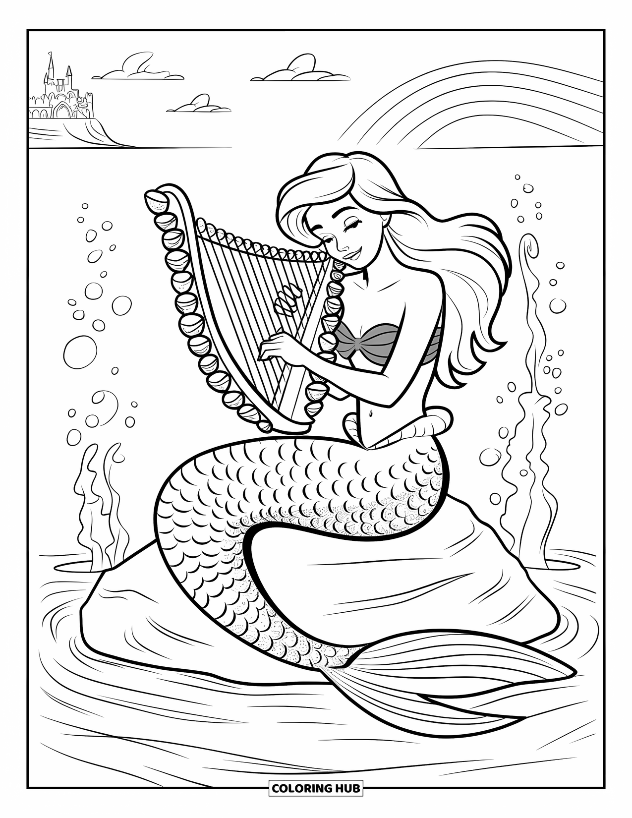 Under The Sea Coloring Page for Kids: A mermaid plays a seashell harp with a distant castle in view