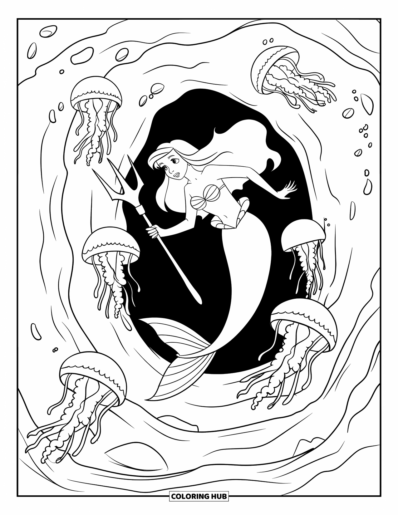 Under The Sea Coloring Page for Kids: A mermaid with a trident swims among jellyfish in a deep trench