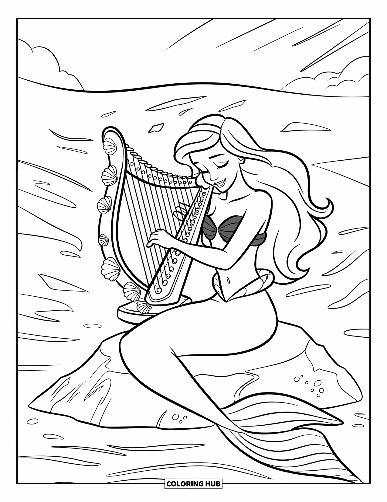 Under The Sea Coloring Page for Kids: A mermaid with green hair plays a seashell harp under a sunny sky