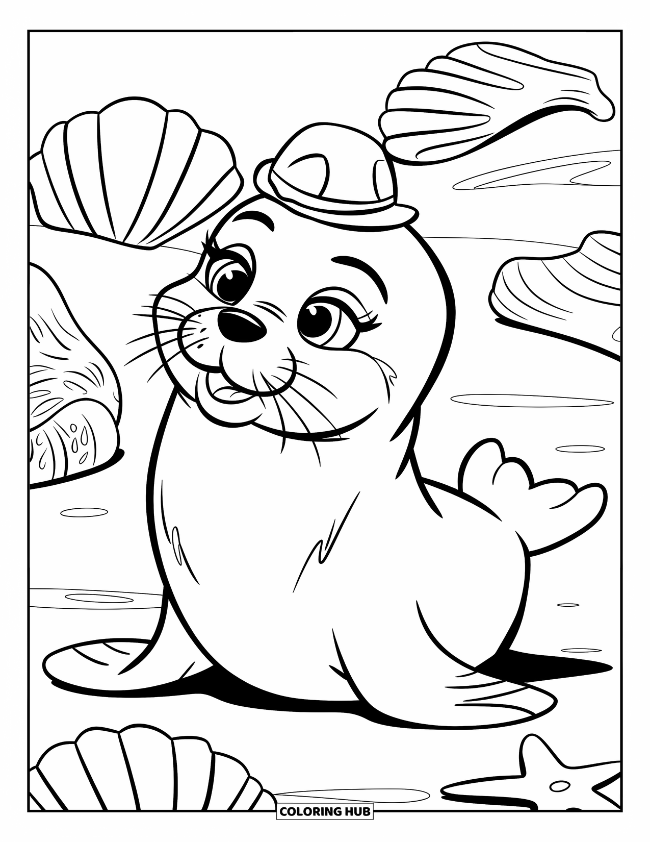 Under The Sea Coloring Page for Kids: A playful seal balances a shell on its nose with a cheerful smile