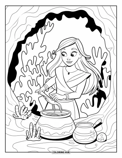 Under The Sea Coloring Page for Kids: A sea witch with green hair brews potions in a coral cave